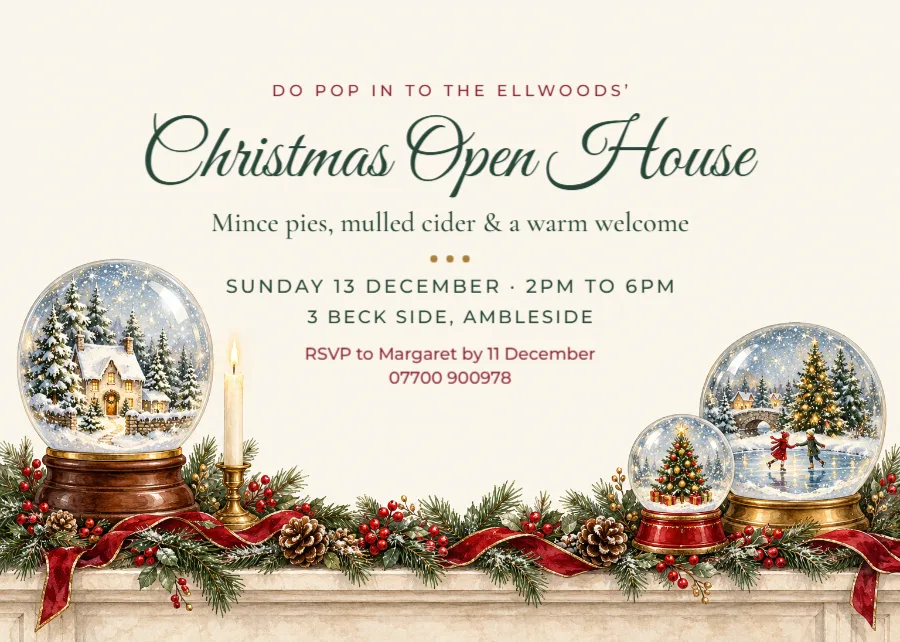 Snow globe – Christmas open house invitation: printable design preview