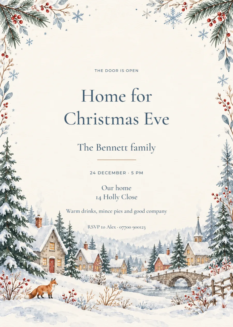 Snowy village – Christmas Eve gathering: printable design preview