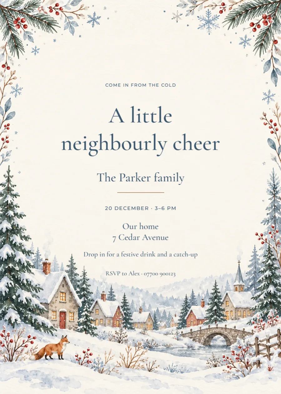 Snowy village – Christmas neighbourhood open house: printable design preview