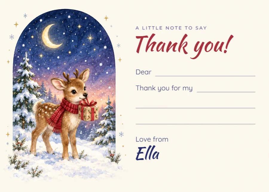 Starry reindeer – children’s Christmas thank-you note: printable design preview