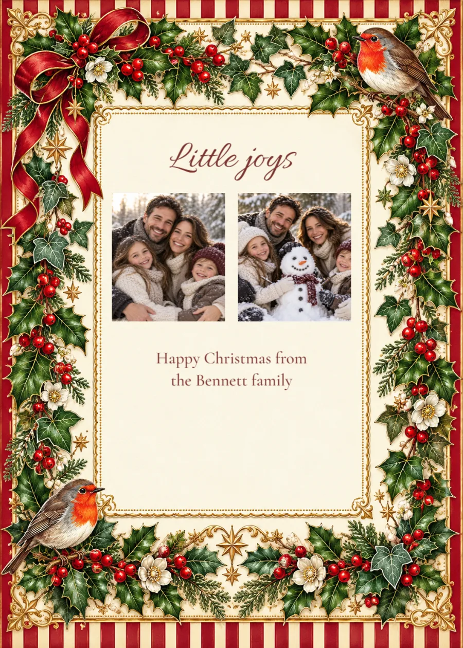 Holly & robin – Christmas memories card: printable design preview