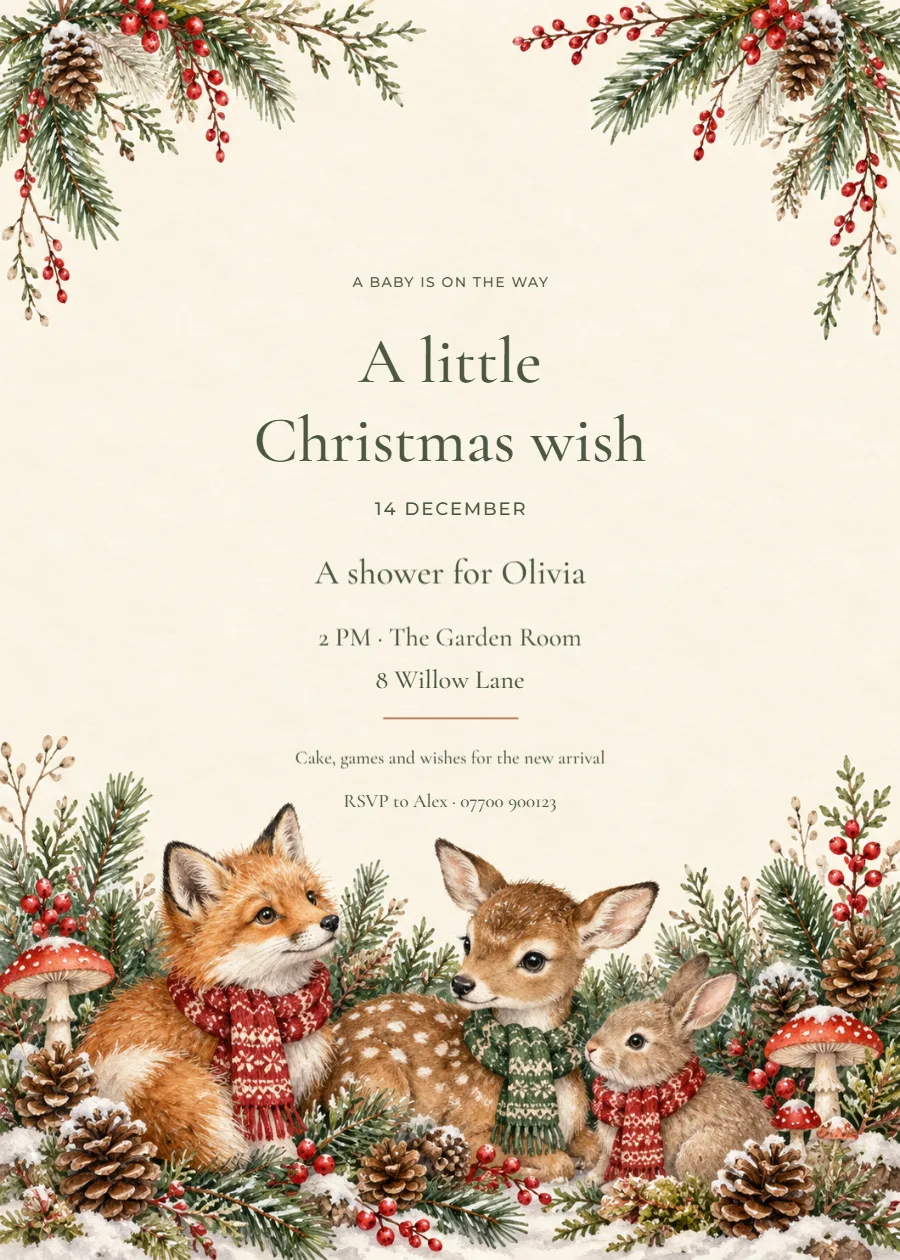 Woodland Christmas – Christmas baby shower: printable design preview