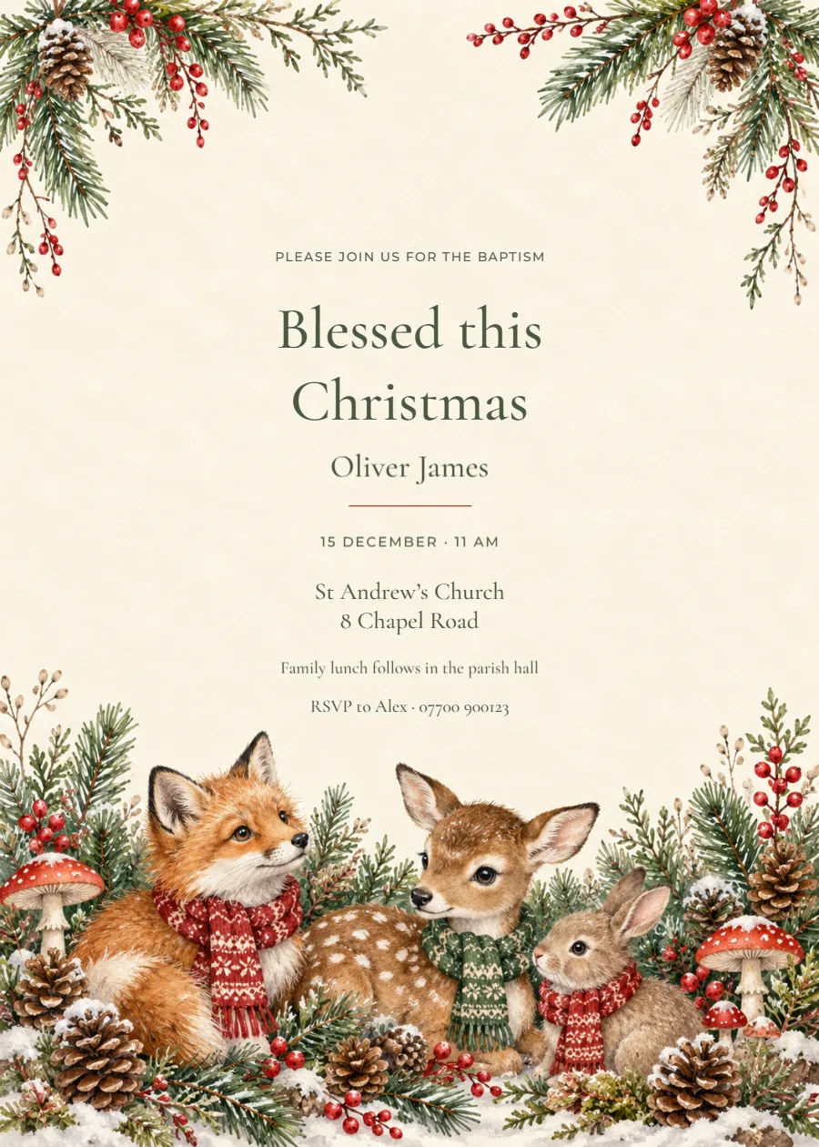 Woodland Christmas – Christmas baptism: printable design preview
