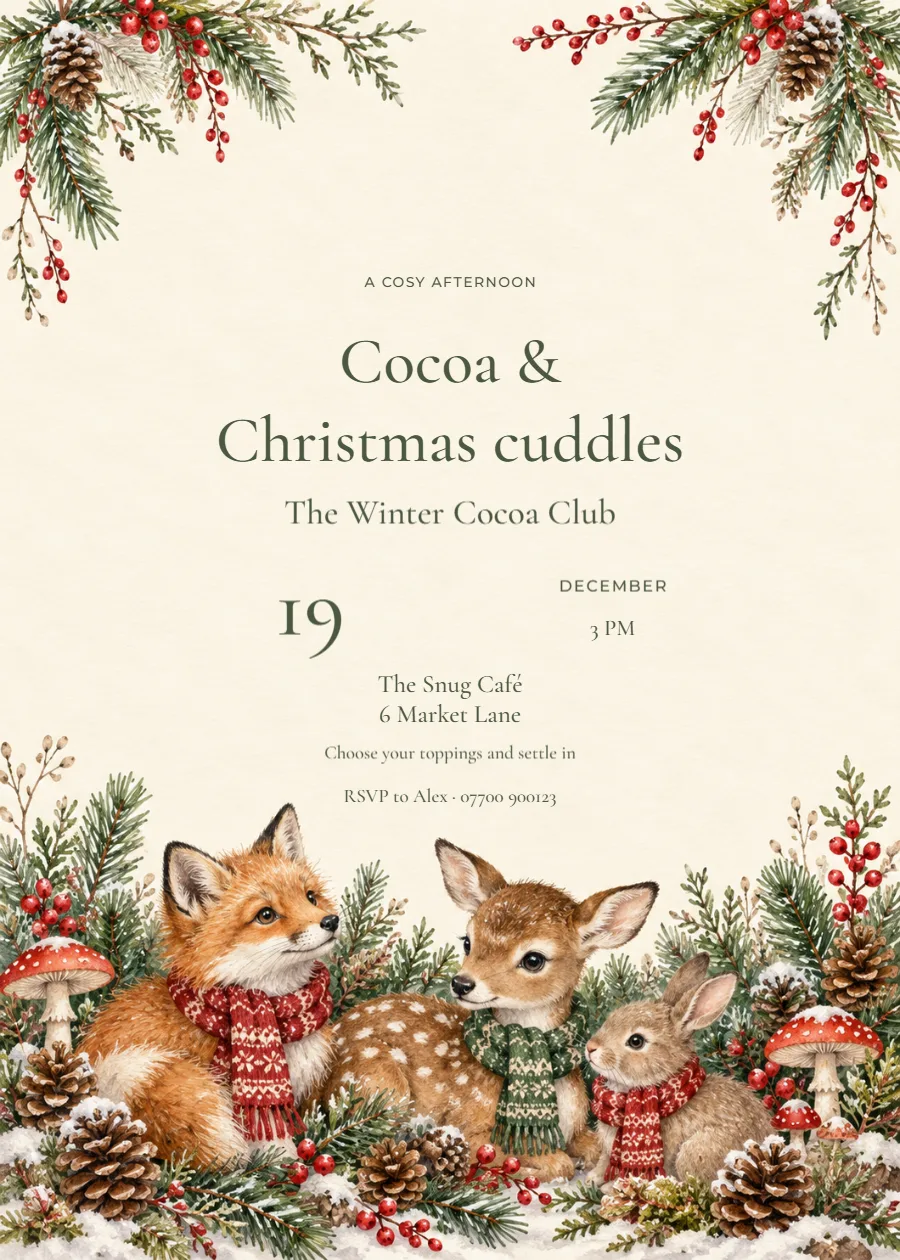 Woodland Christmas – Christmas hot chocolate party: printable design preview