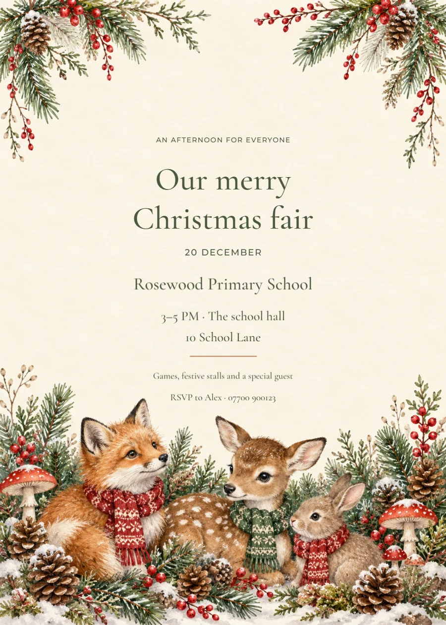 Woodland Christmas – School Christmas fair: printable design preview