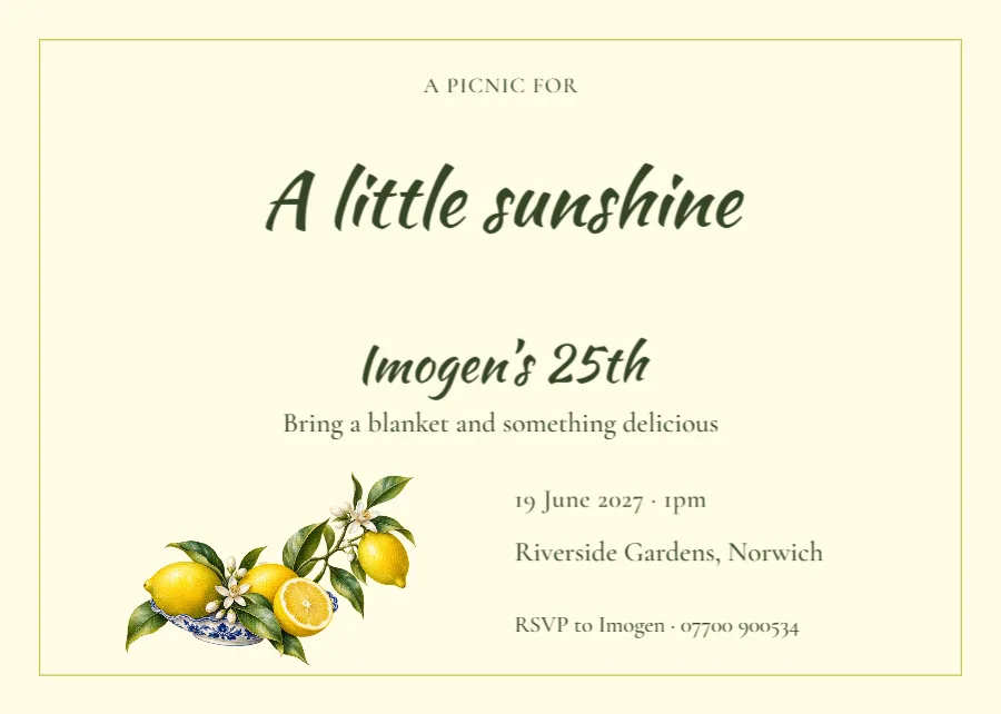 Citrus Press – picnic birthday postcard: printable design preview