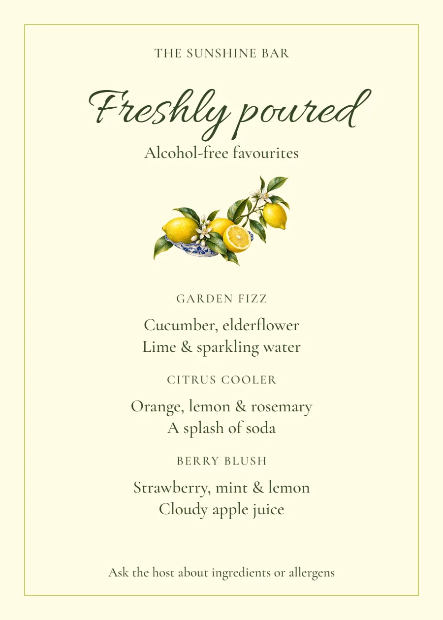Citrus Press – alcohol-free drinks menu: printable design preview