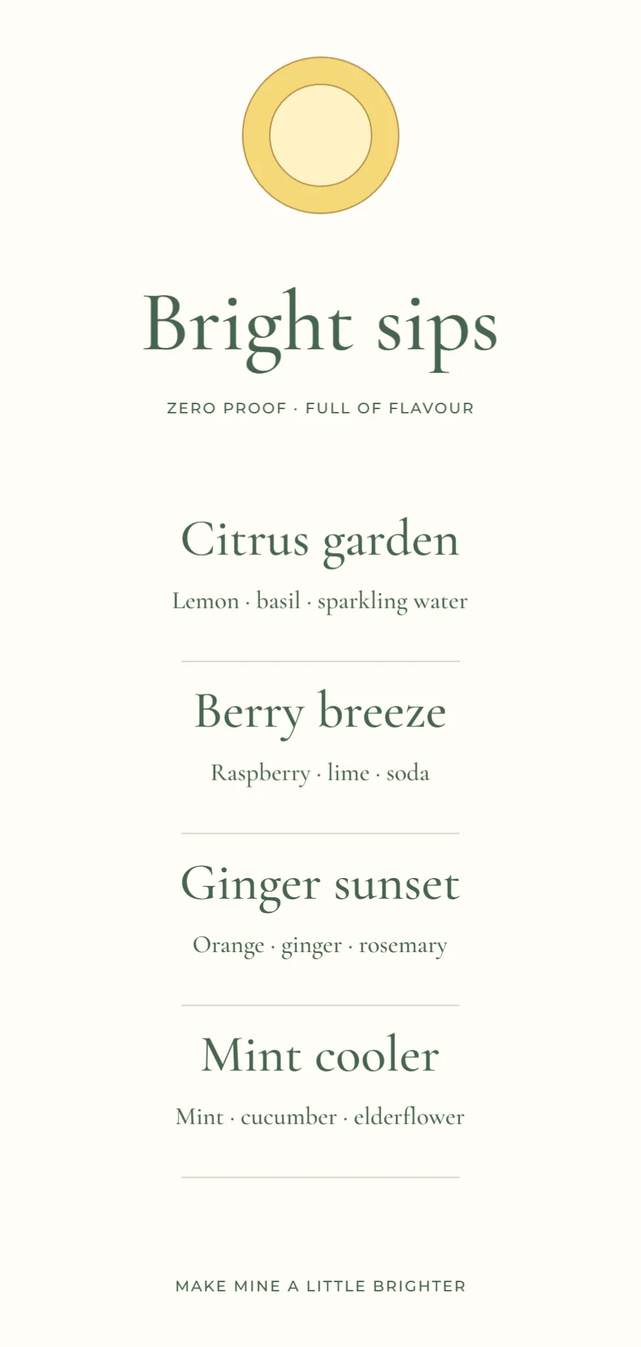 Bright sips – alcohol-free drinks menu: printable design preview