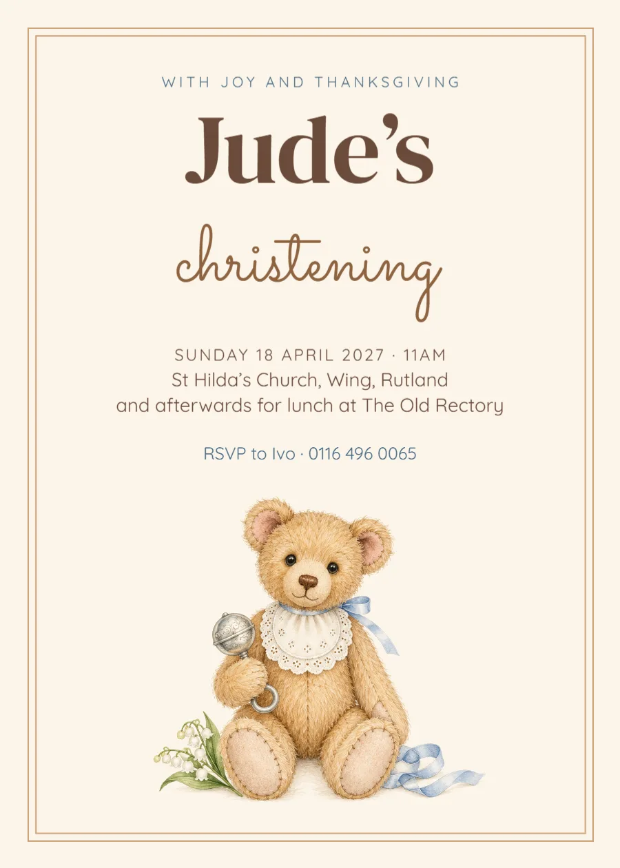 Cocoa teddy – christening invitation: printable design preview