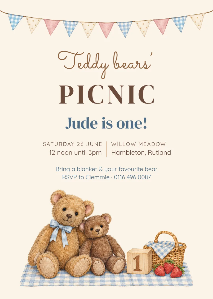 Cocoa teddy – picnic first birthday invitation: printable design preview