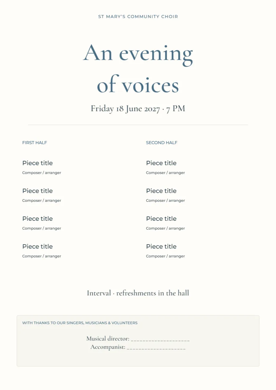 An evening of voices – choir programme: printable design preview