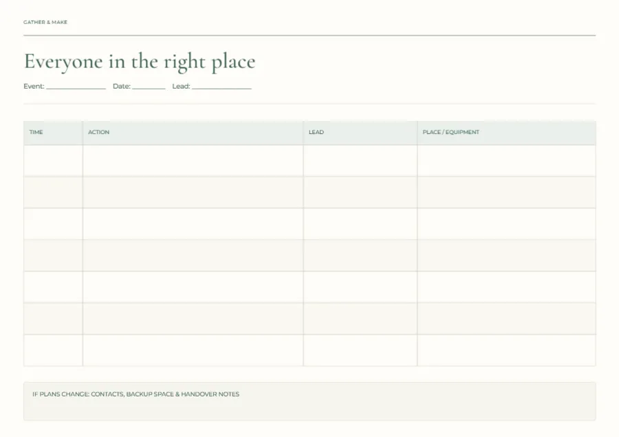 Everyone in the right place – event run sheet: printable design preview