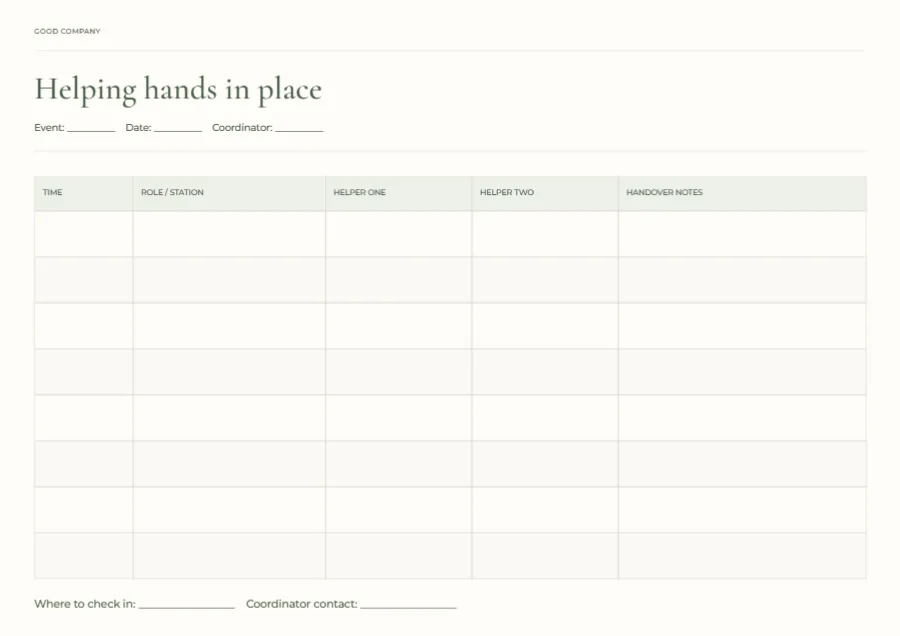 Helping hands in place – volunteer rota: printable design preview