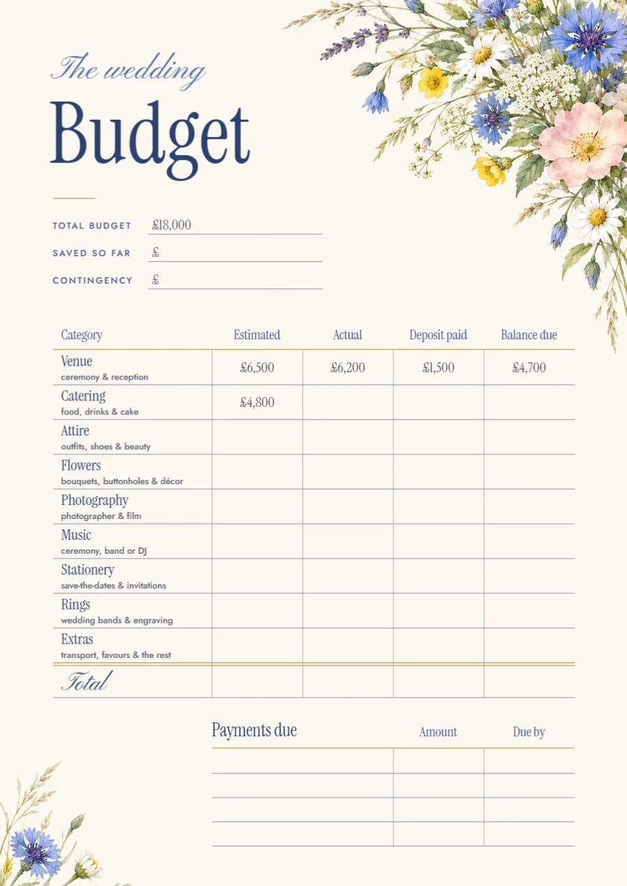 Cotswold wildflower – wedding budget planner: printable design preview