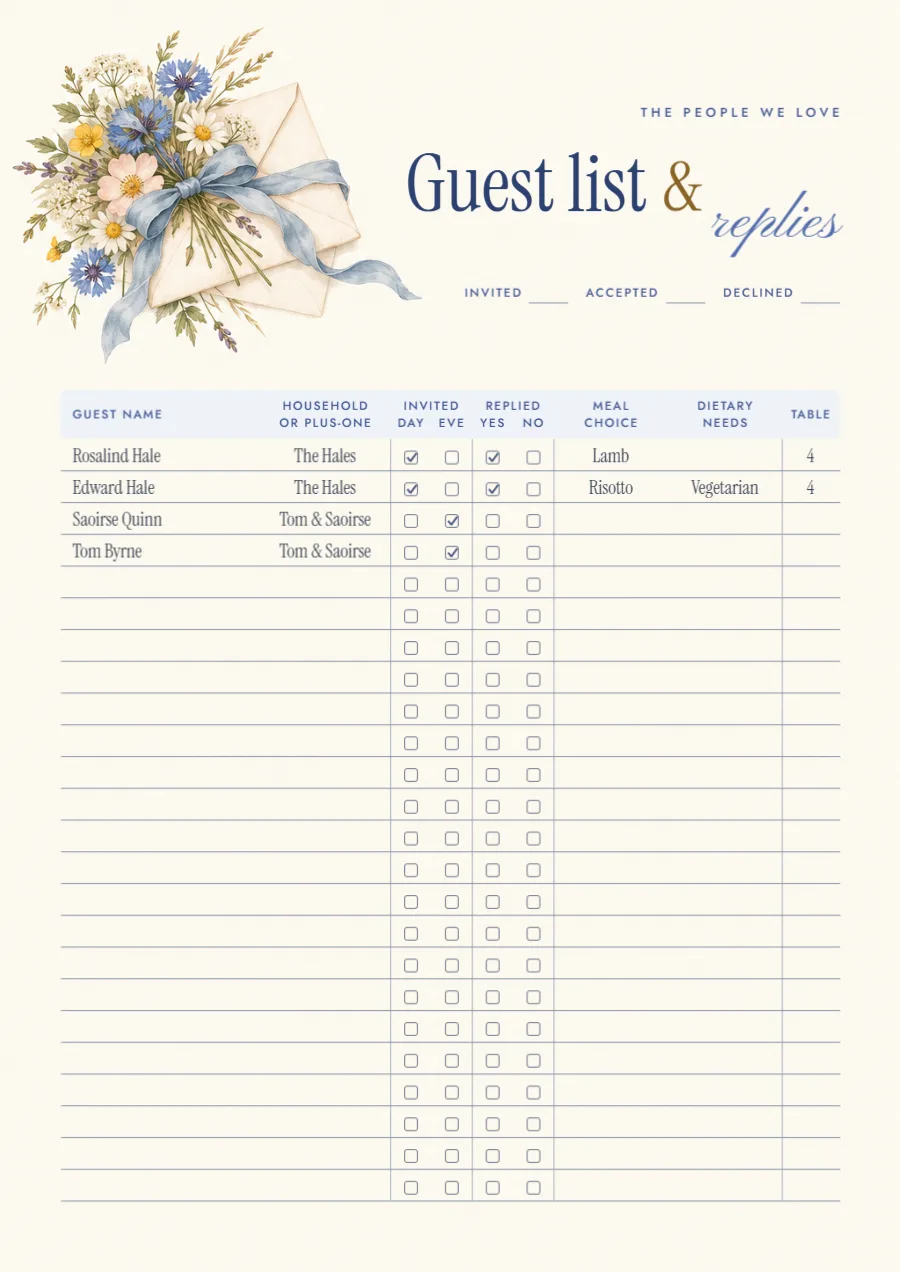 Cotswold wildflower – guest list & RSVP tracker: printable design preview