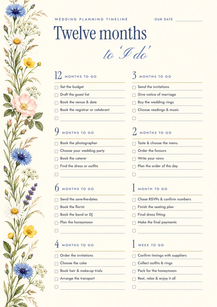 Cotswold wildflower – wedding planning timeline: printable design preview