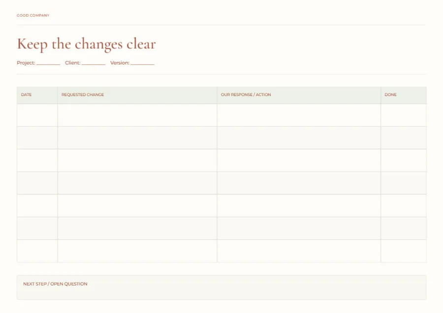 Keep the changes clear – revision log: printable design preview