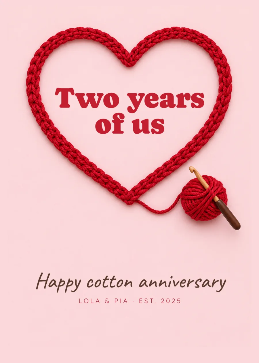 Crochet hearts – cotton second anniversary card: printable design preview