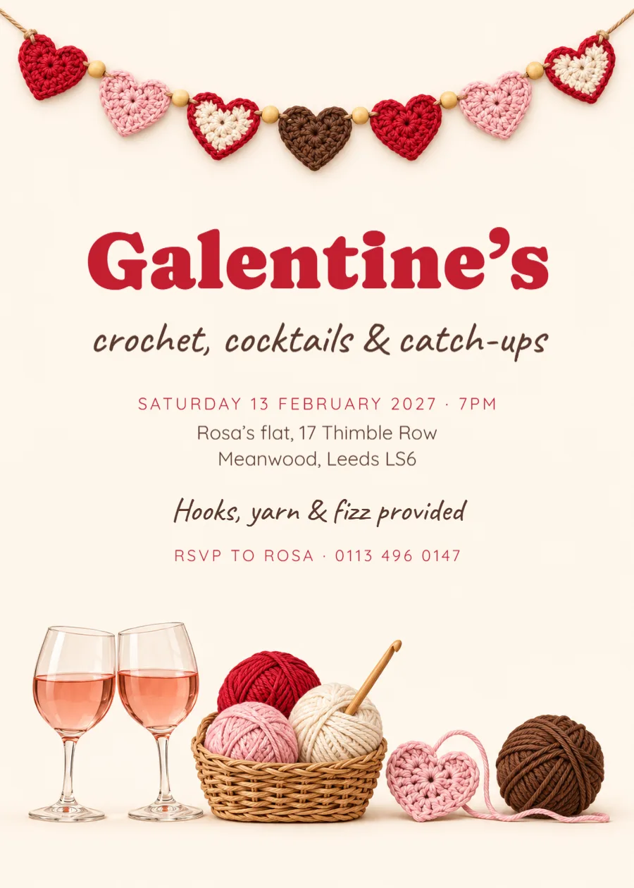 Crochet hearts – Galentine’s craft night invitation: printable design preview