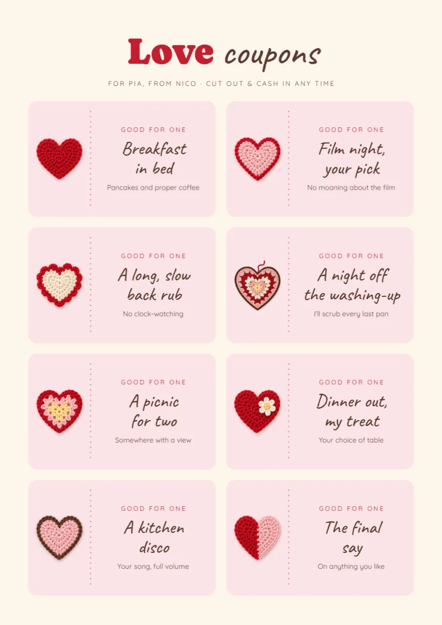 Crochet hearts – printable love coupons: printable design preview