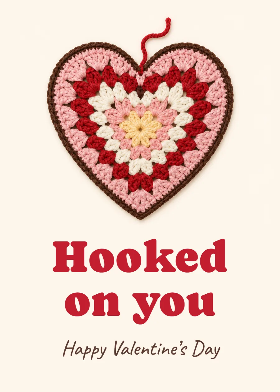 Crochet hearts – hooked on you Valentine’s card: printable design preview