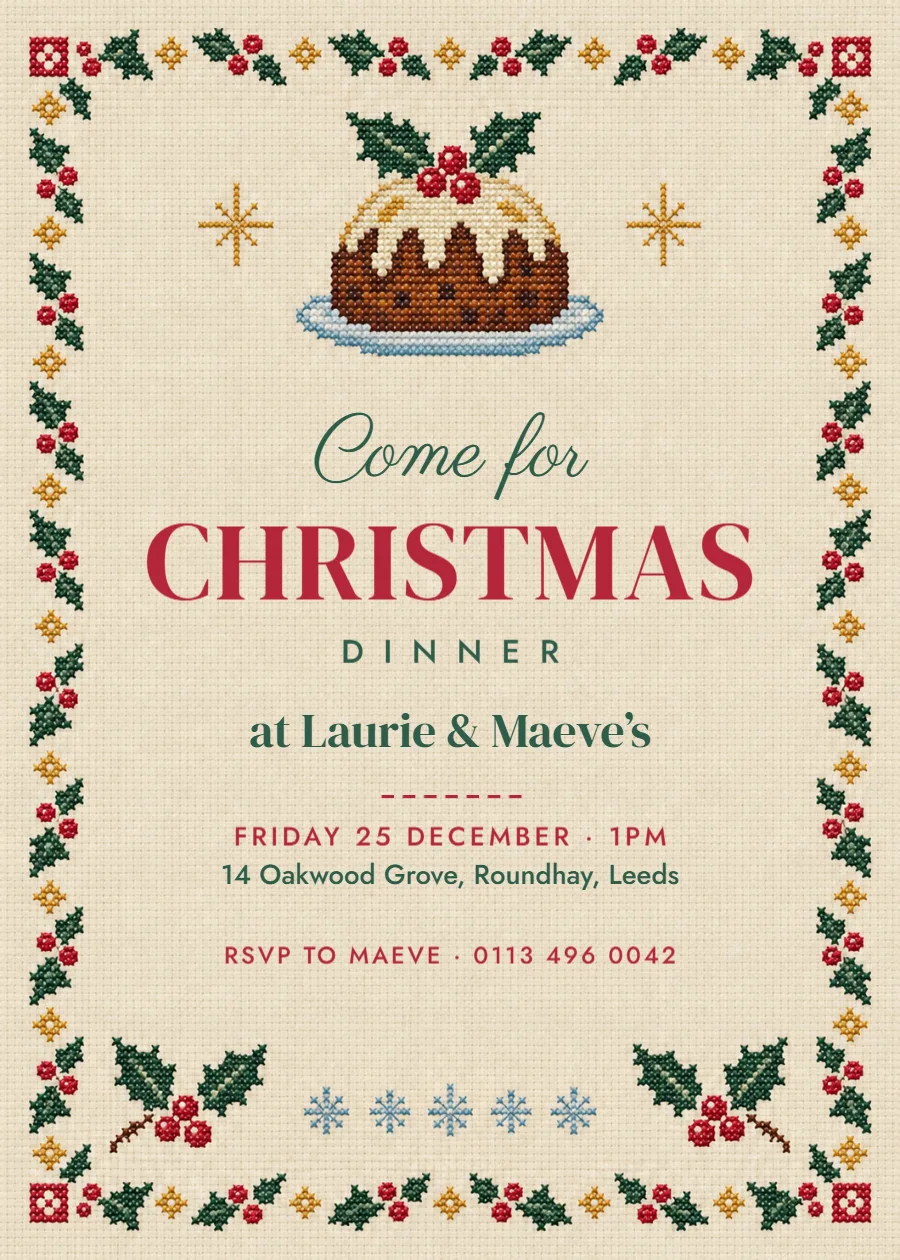 Cross-stitch Christmas – Christmas dinner invitation: printable design preview