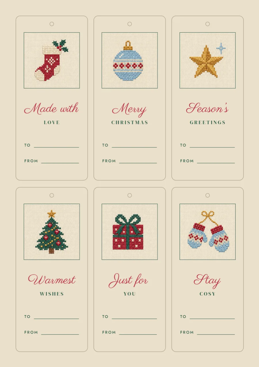 Cross-stitch Christmas – printable gift tags: printable design preview