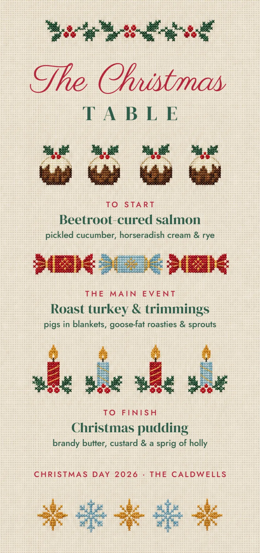Cross-stitch Christmas – Christmas dinner menu: printable design preview