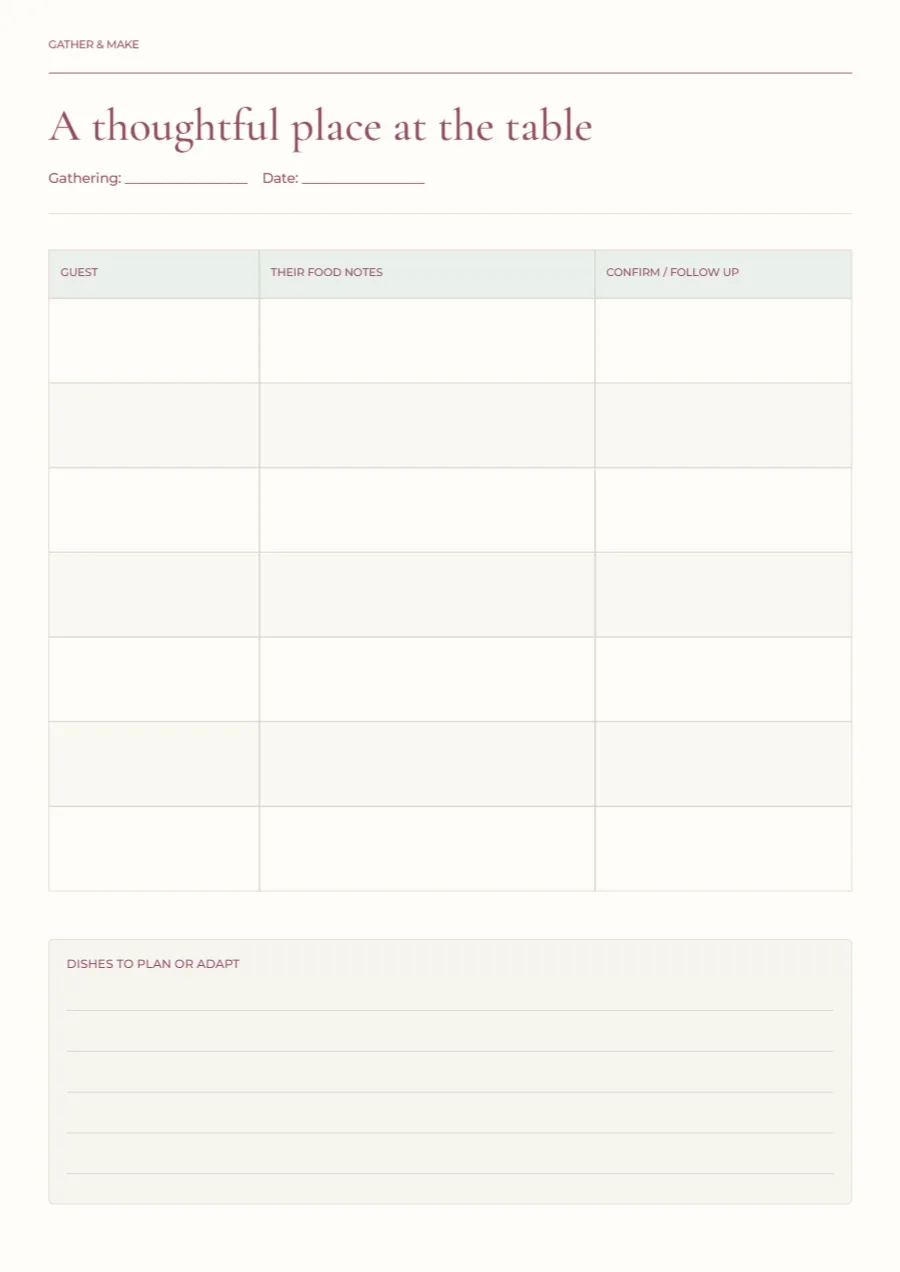 A thoughtful place at the table – guest food notes: printable design preview