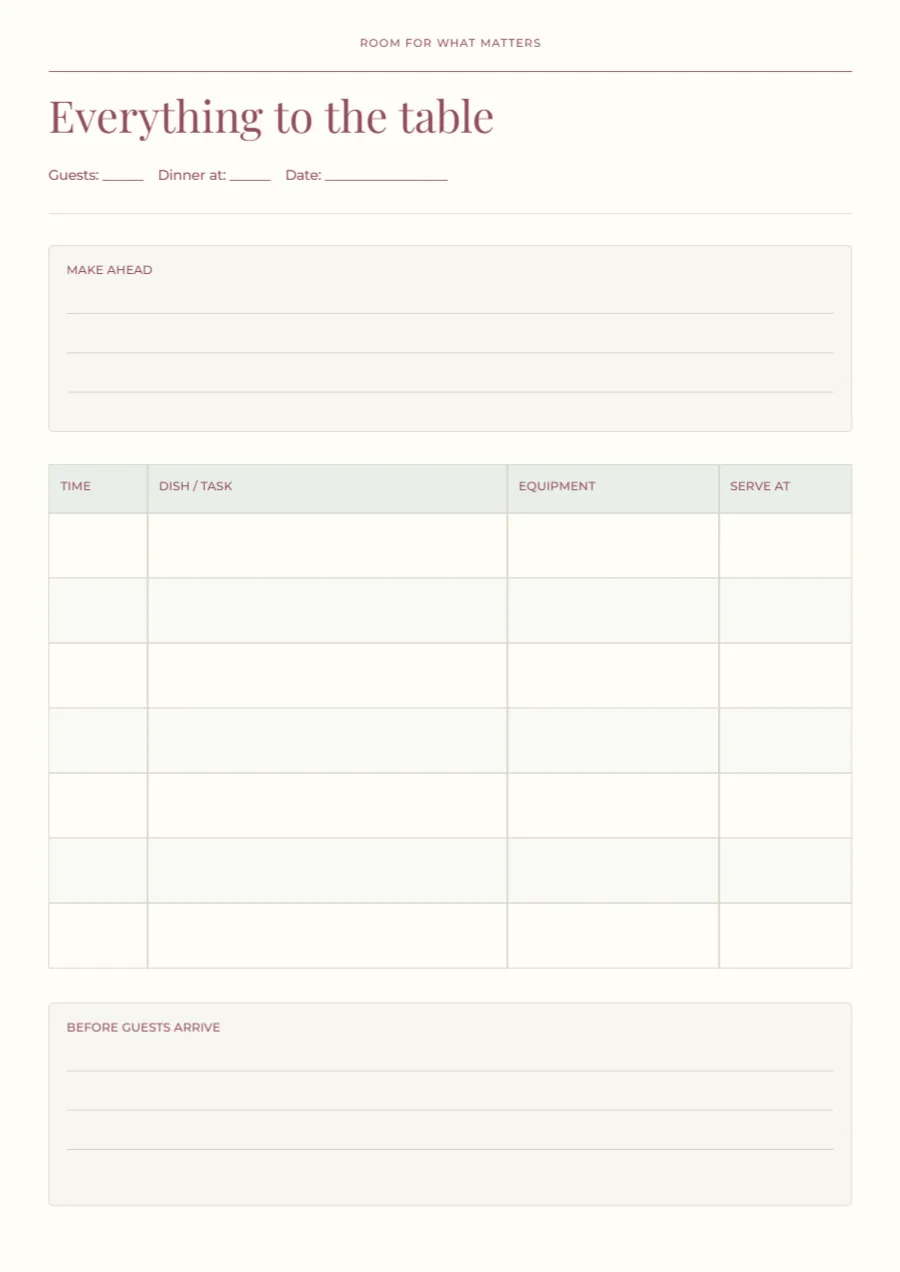 Everything to the table – hosting timeline: printable design preview