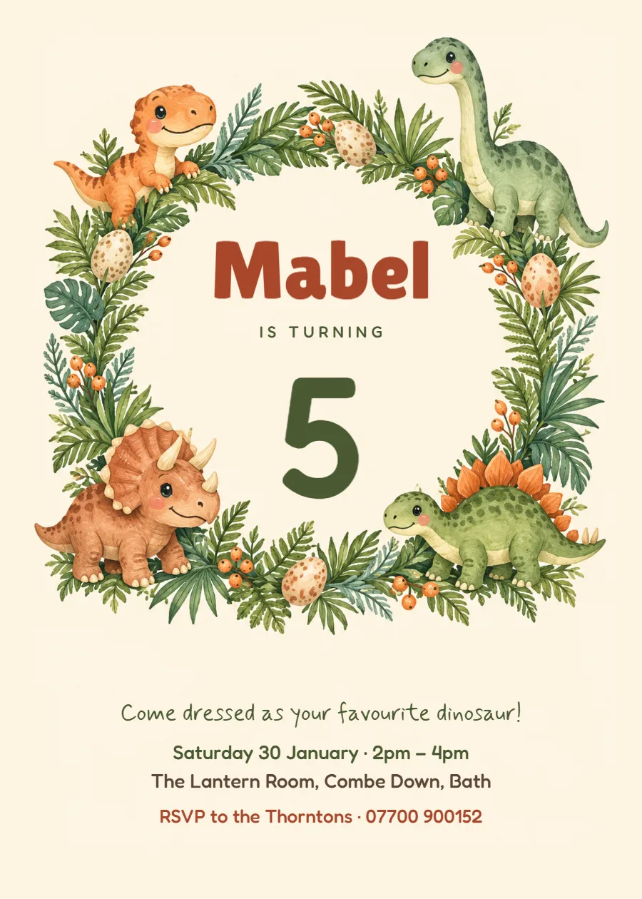 Dino dig – dinosaur wreath fifth birthday invitation: printable design preview