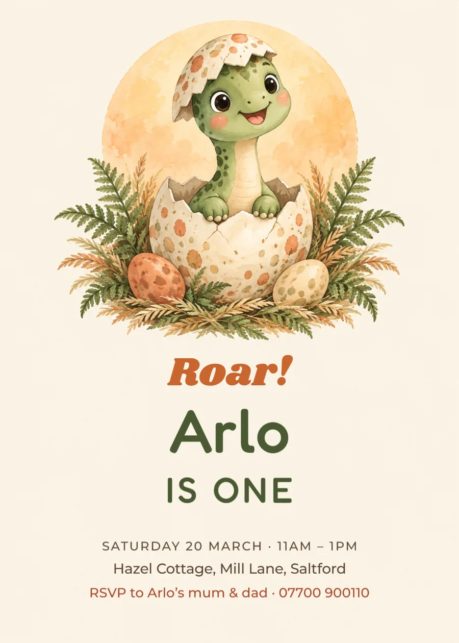 Dino dig – hatching dinosaur first birthday invitation: printable design preview