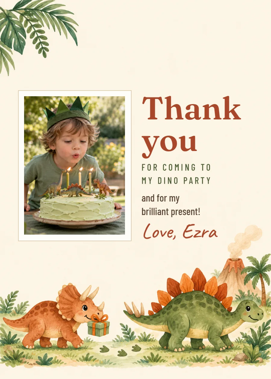 Dino dig – dinosaur party photo thank-you card: printable design preview
