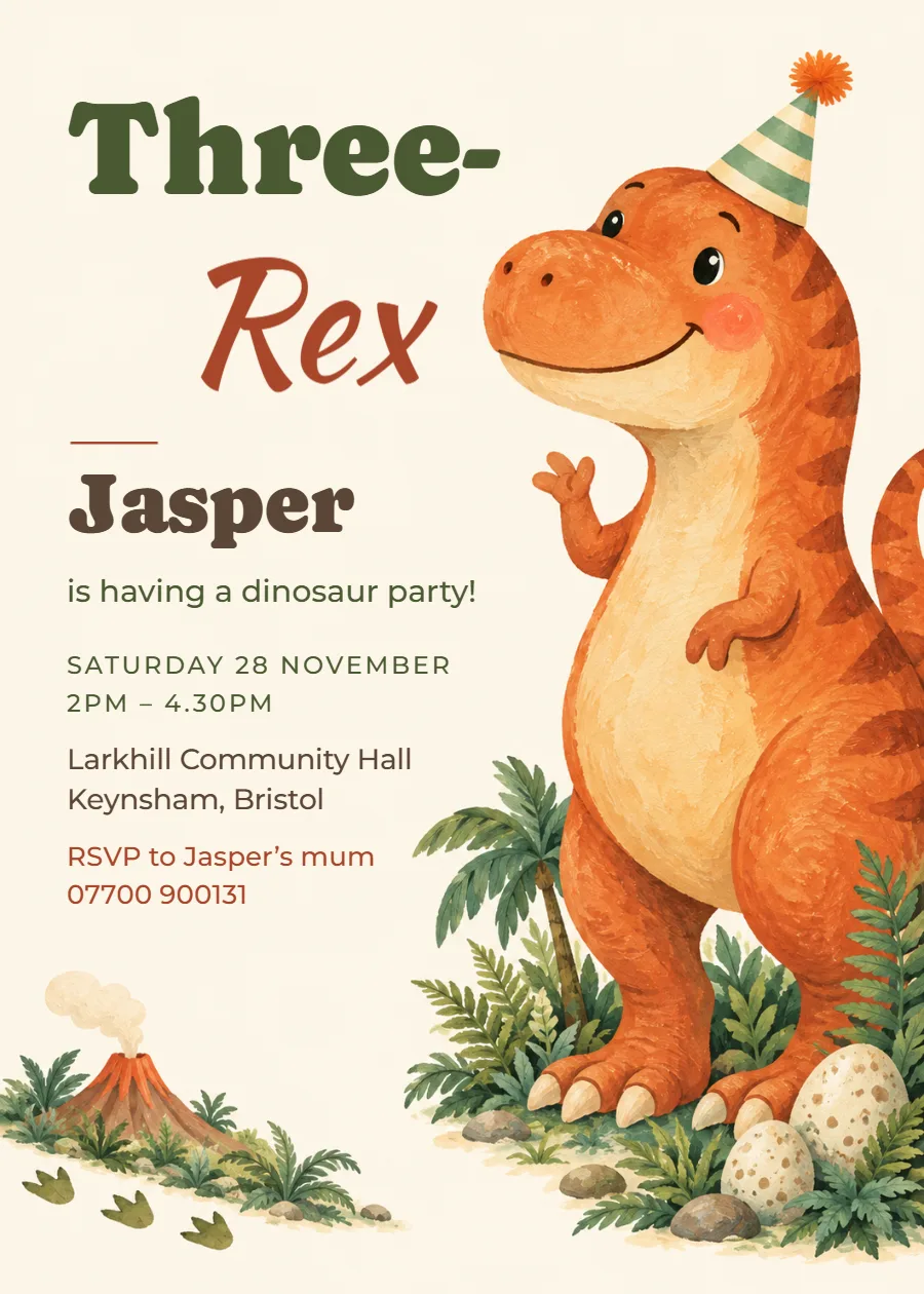 Dino dig – Three-Rex third birthday invitation: printable design preview