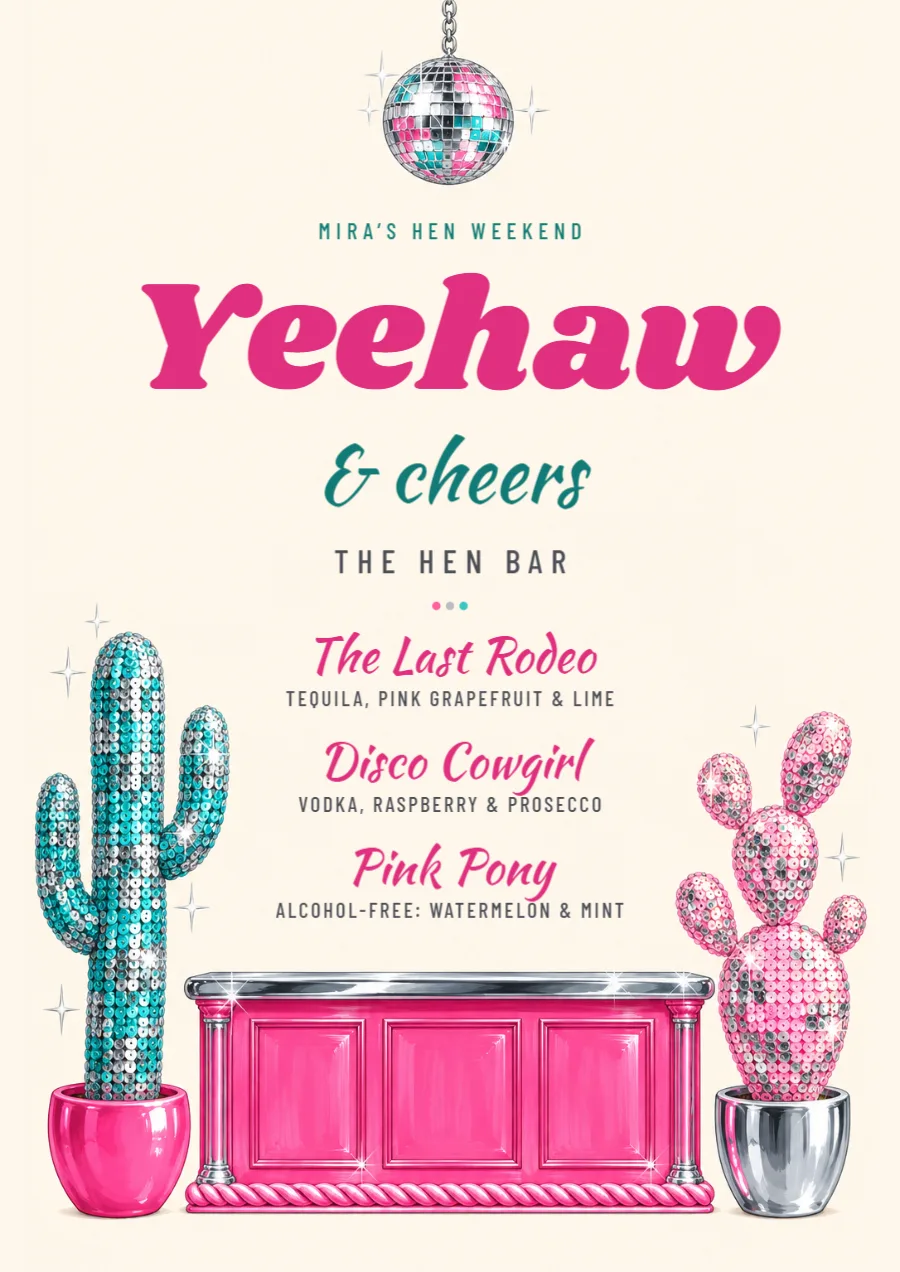 Disco cowgirl – hen party bar sign: printable design preview