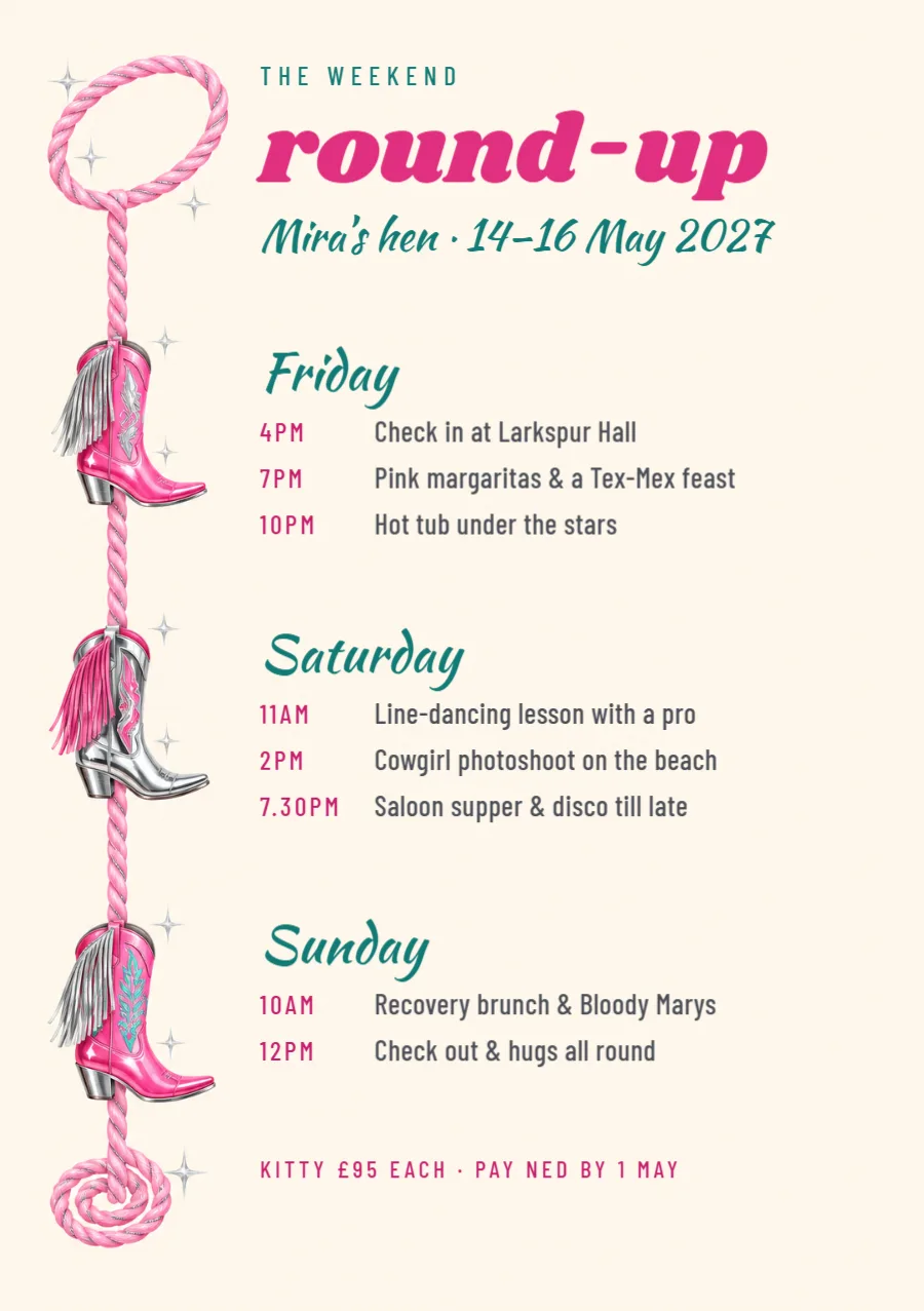 Disco cowgirl – hen weekend itinerary: printable design preview