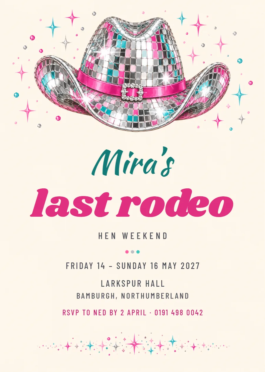 Disco cowgirl – last rodeo hen party invitation: printable design preview