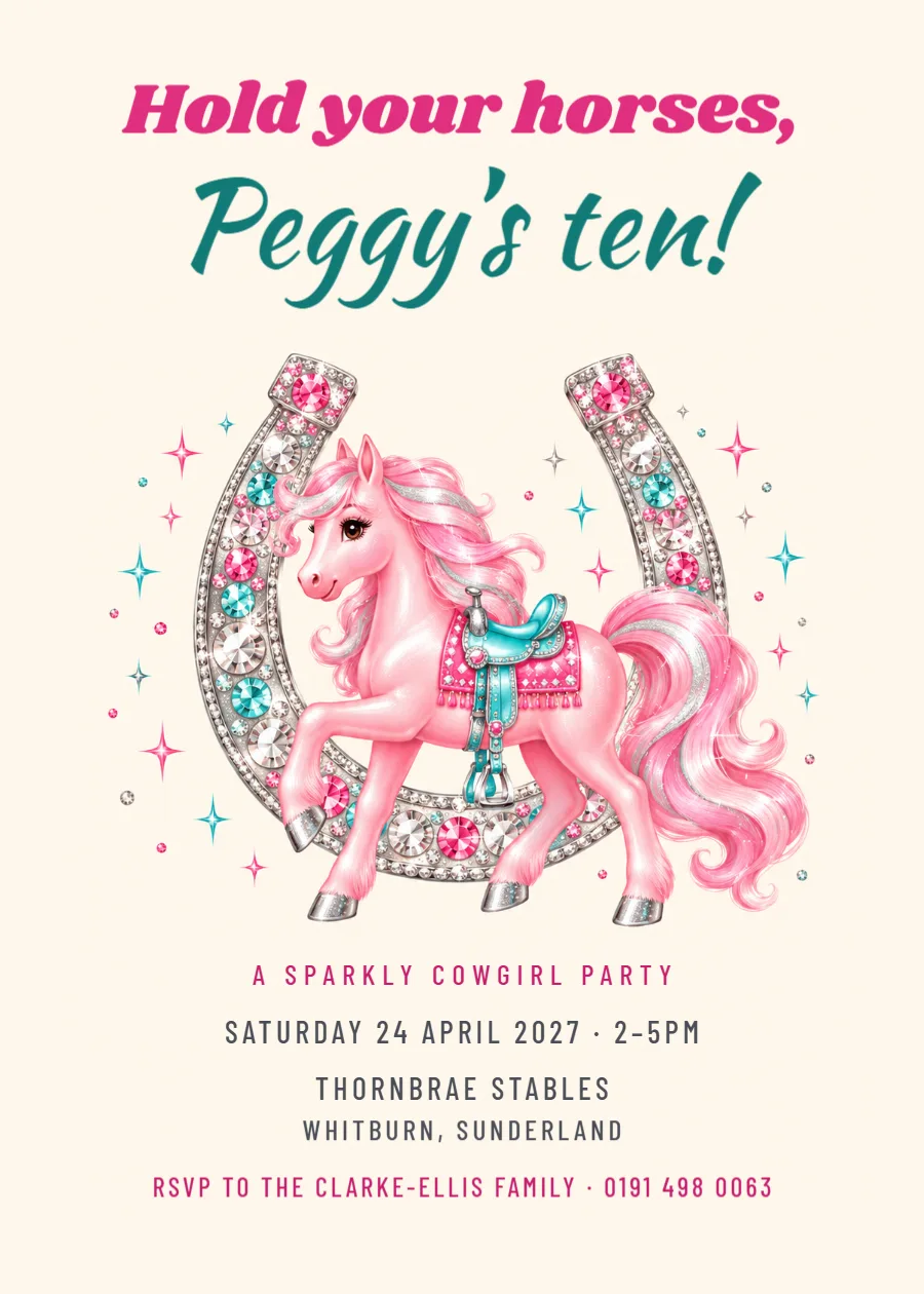 Disco cowgirl – pink pony 10th birthday invitation: printable design preview