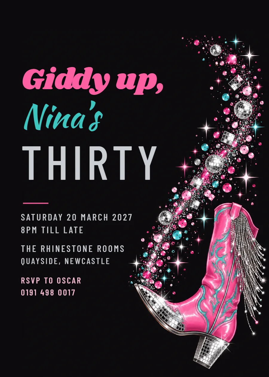 Disco cowgirl – 30th birthday invitation: printable design preview