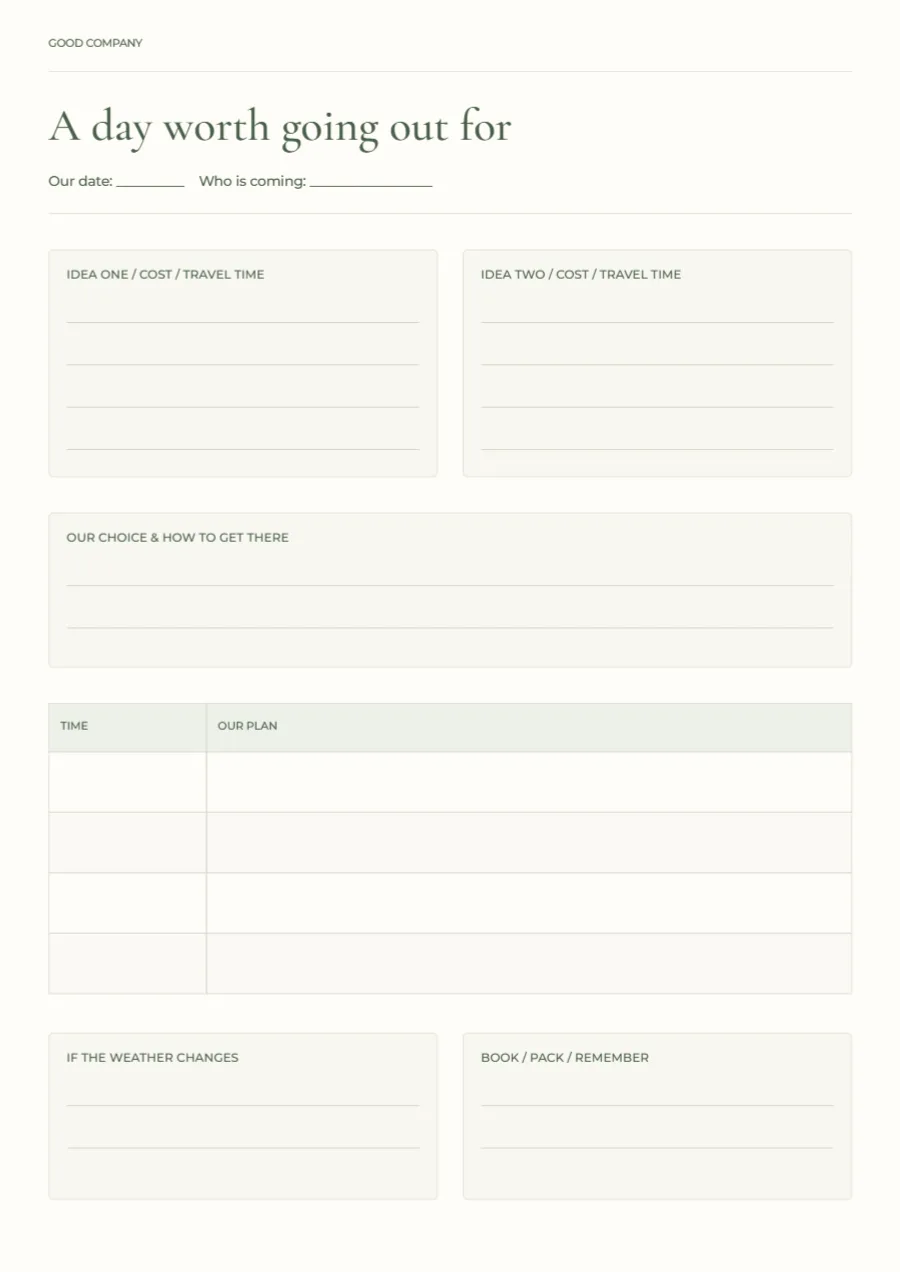 A day worth going out for – trip planner: printable design preview