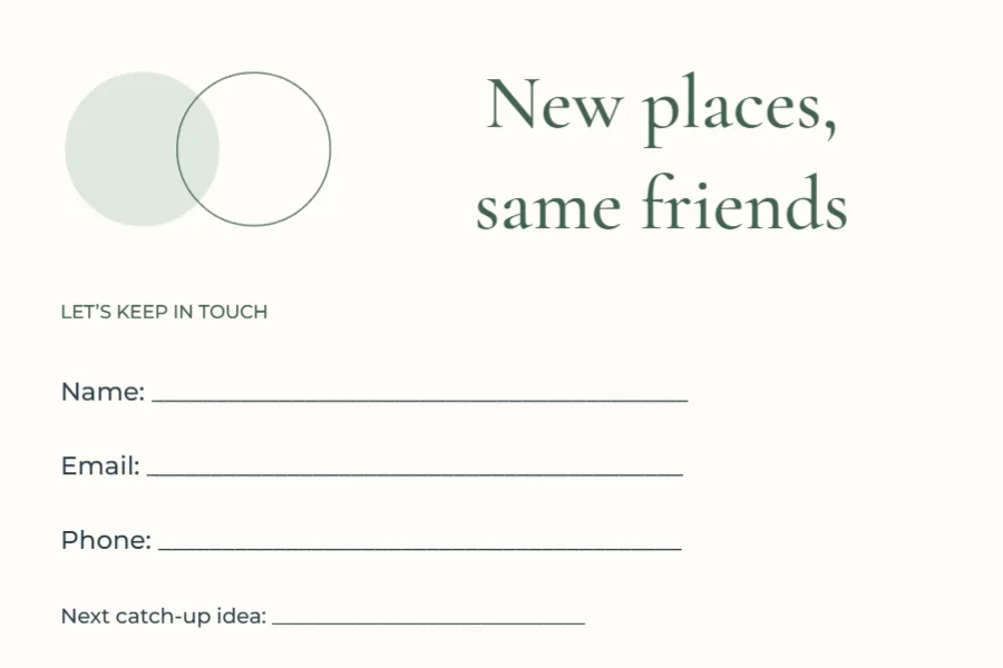 New places, same friends – contact card: printable design preview