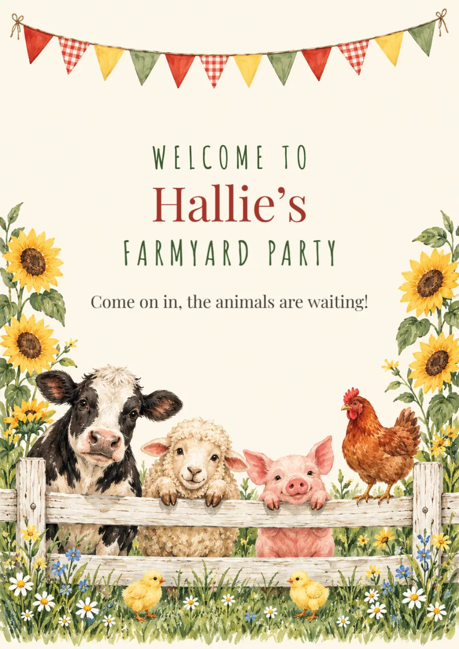 Farmyard – birthday party welcome sign: printable design preview