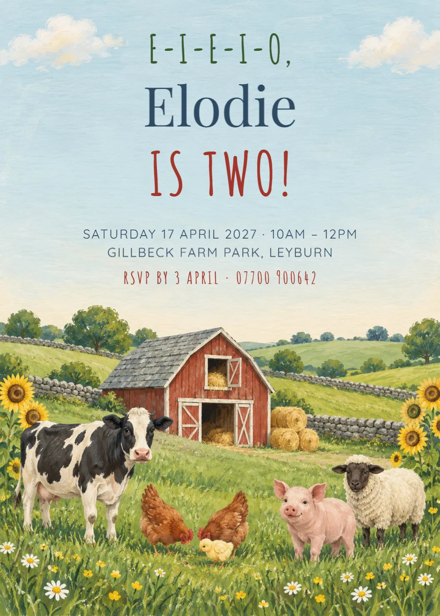 Farmyard – second birthday invitation: printable design preview