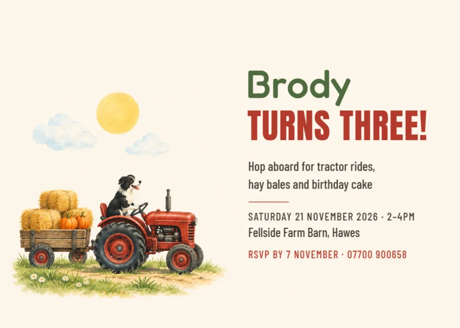 Farmyard tractor – autumn third birthday invitation: printable design preview
