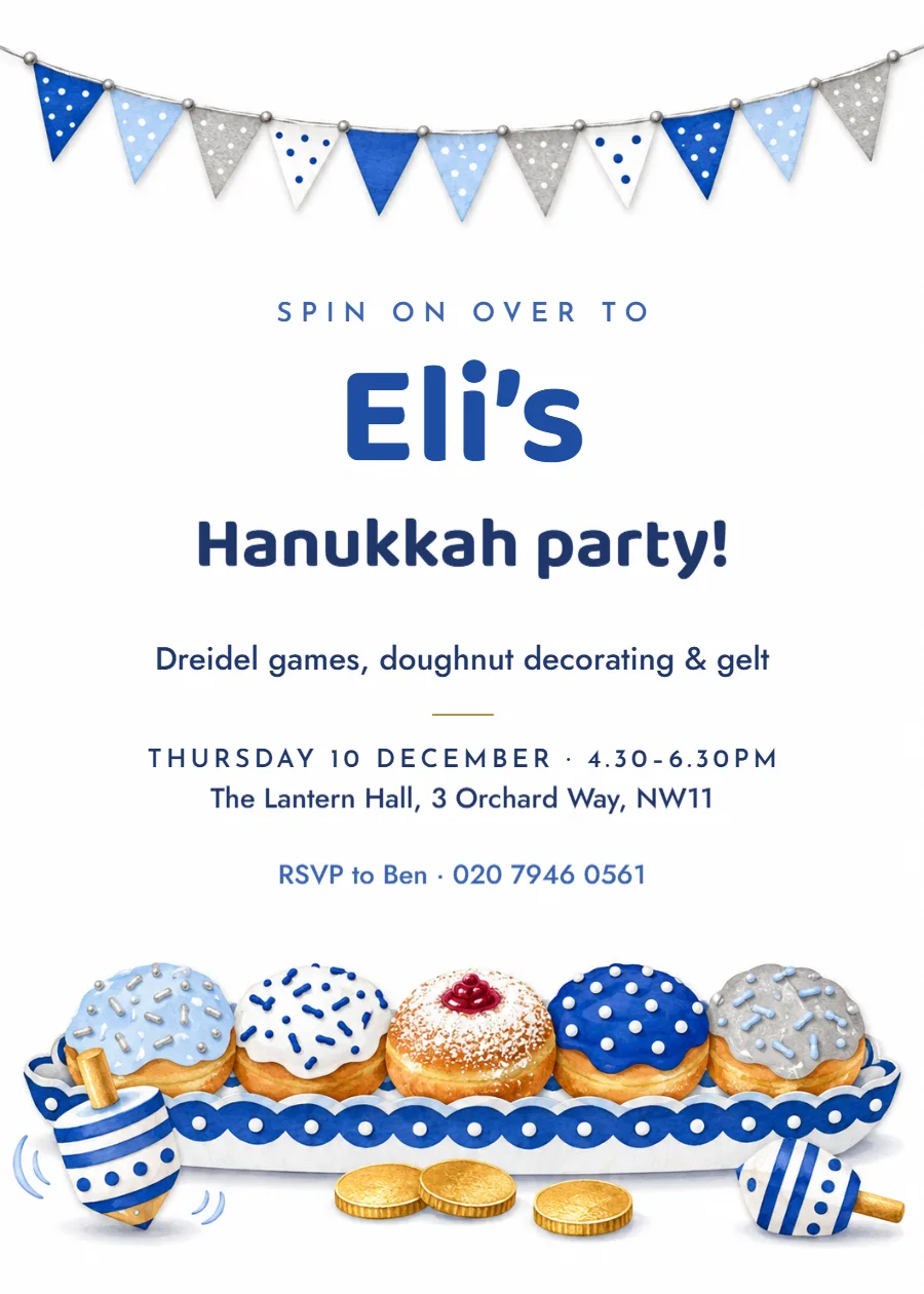Cobalt & silver – children’s Hanukkah party invitation: printable design preview