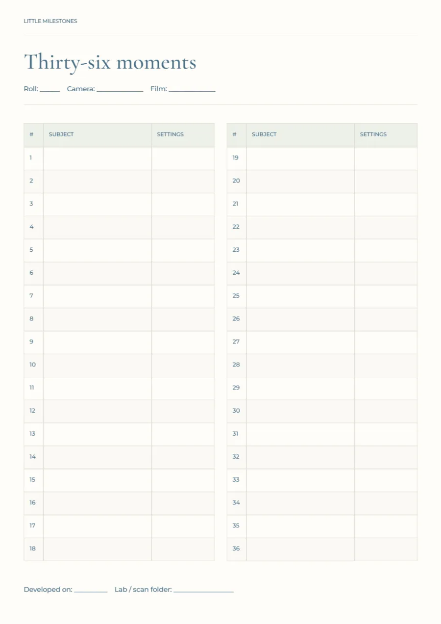 Thirty-six moments – film roll log: printable design preview