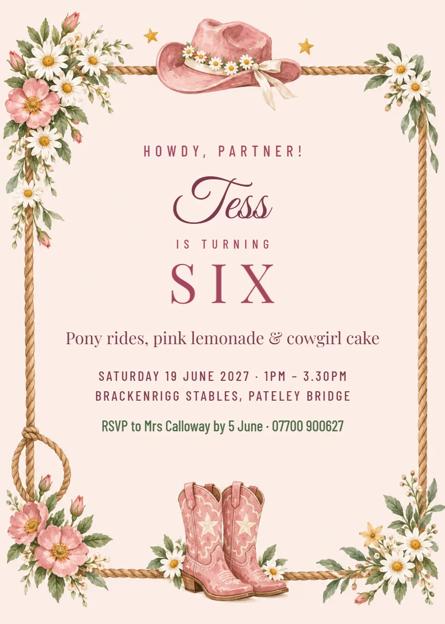 Pink cowgirl – sixth birthday invitation: printable design preview