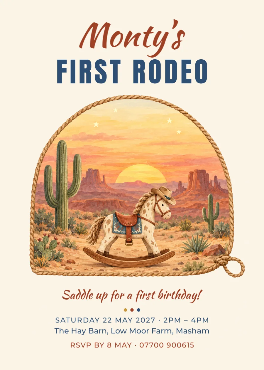 My first rodeo – first birthday invitation: printable design preview