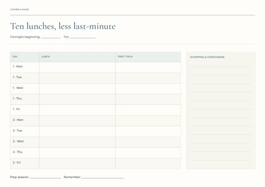 Ten lunches, less last-minute – work lunch plan: printable design preview