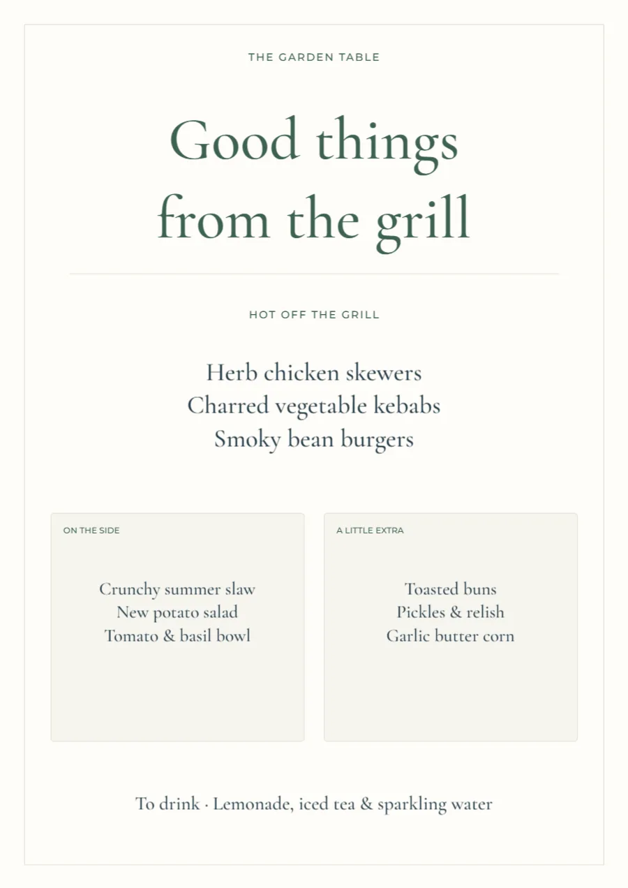 Good things from the grill – barbecue menu: printable design preview